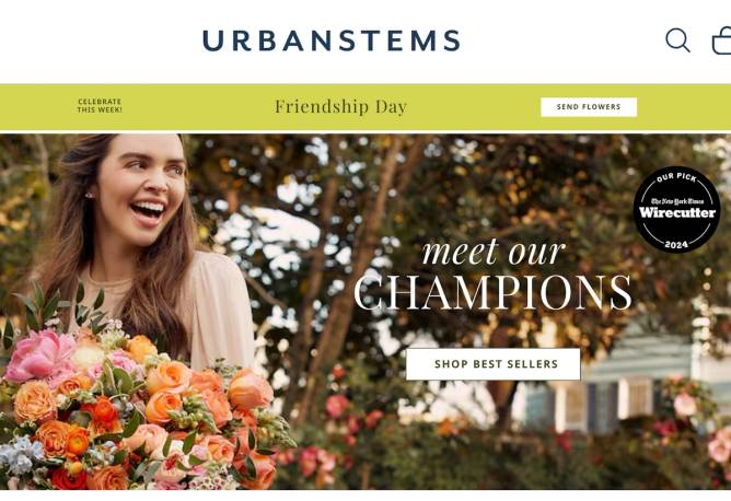 UrbanStems' home page features the Wirecutter badge. 