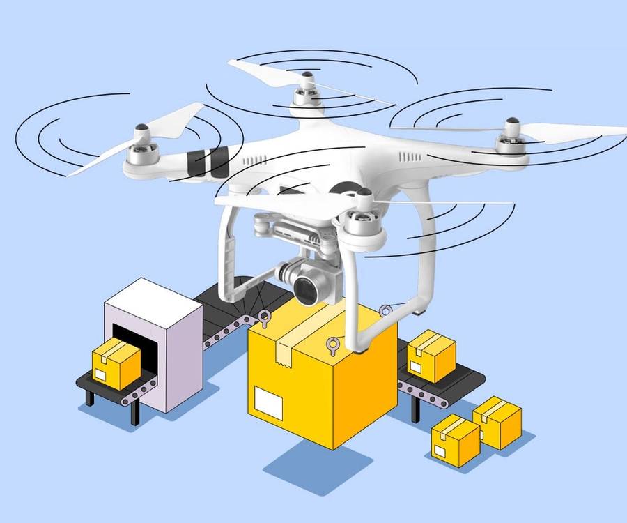 Illustration of a drone carrying boxes on a conveyor belt