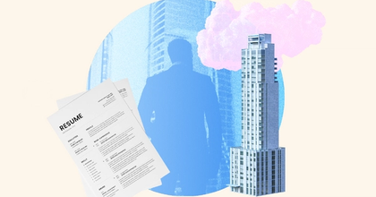 A stack of resumes and a businessman standing next to a skyscraper and a pink cloud