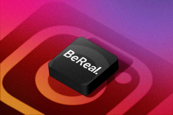 BeReal logo with Instagram logo looming large behind it