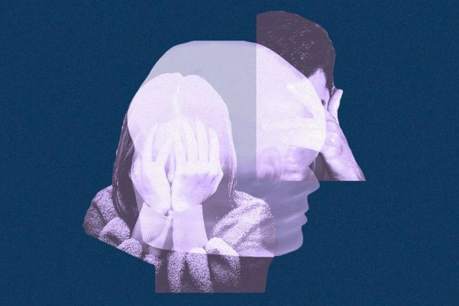 A multiple image overlay of people with heads in their hands, looking distressed