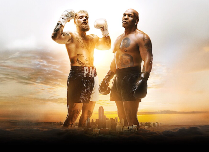 Jake Paul and Mike Tyson in a promotional image for their boxing match on Netflix