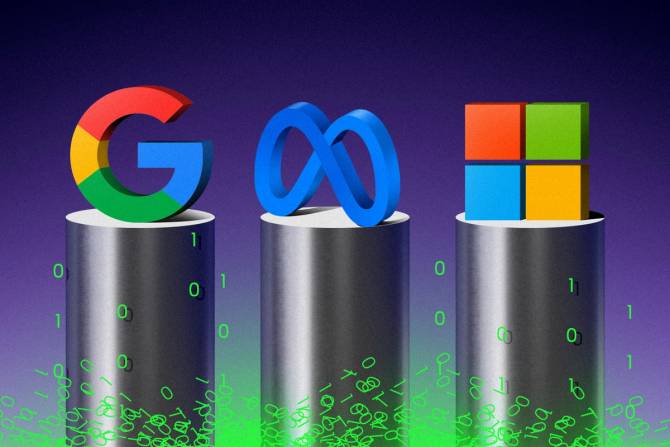 Google, Meta, Microsoft on 3 pillars surrounded by binary code