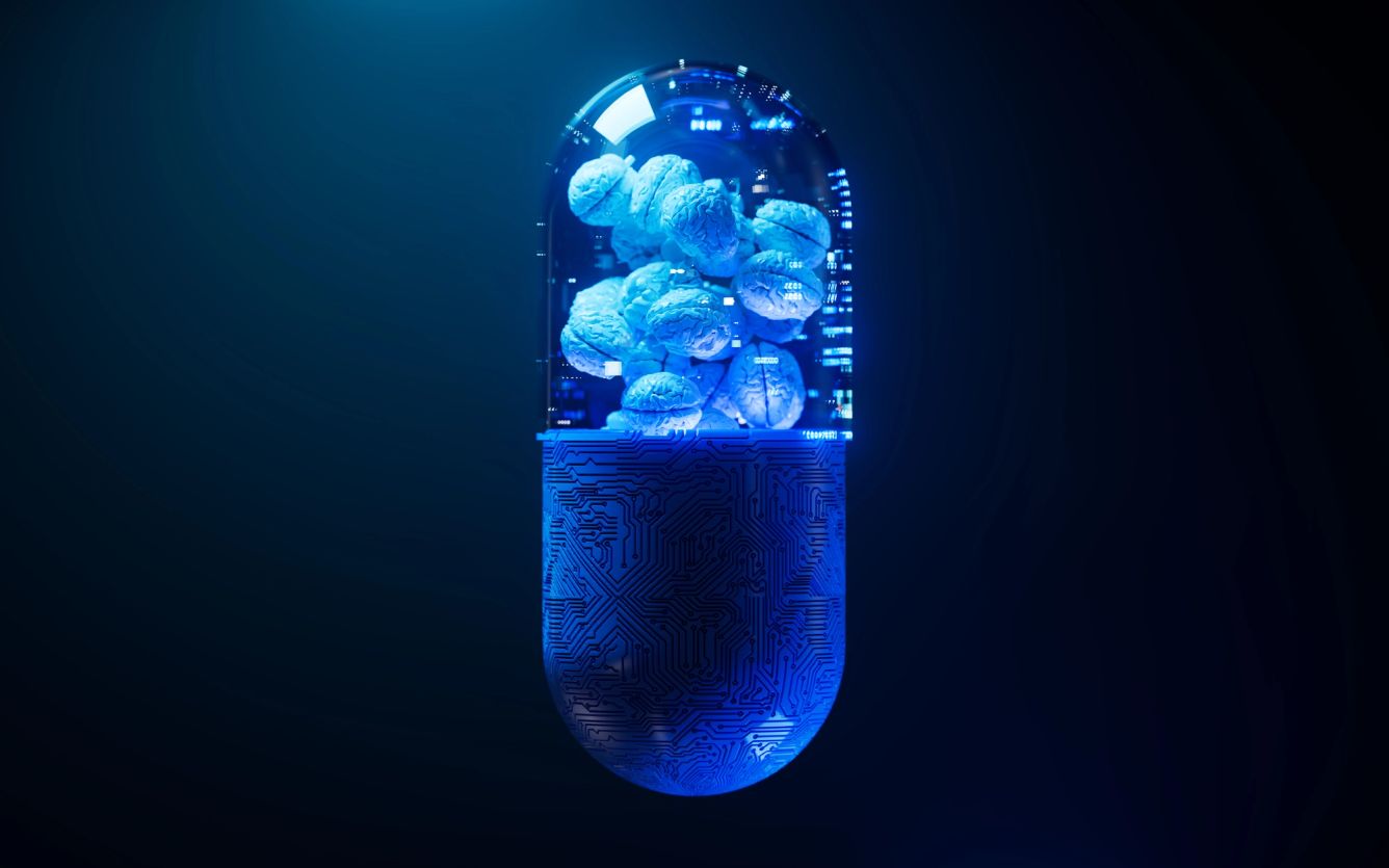 Digitized looking pill capsule with small brains inside