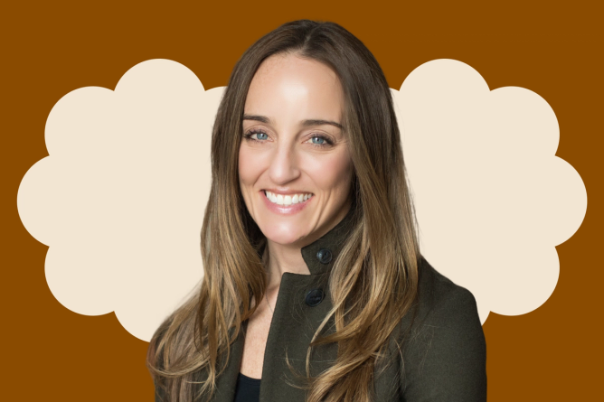 A portrait of Niki Heim, the CFO and chief administrative officer of LogicSource against a brown background.