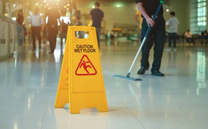 A yellow sign warns people of the wet floor.