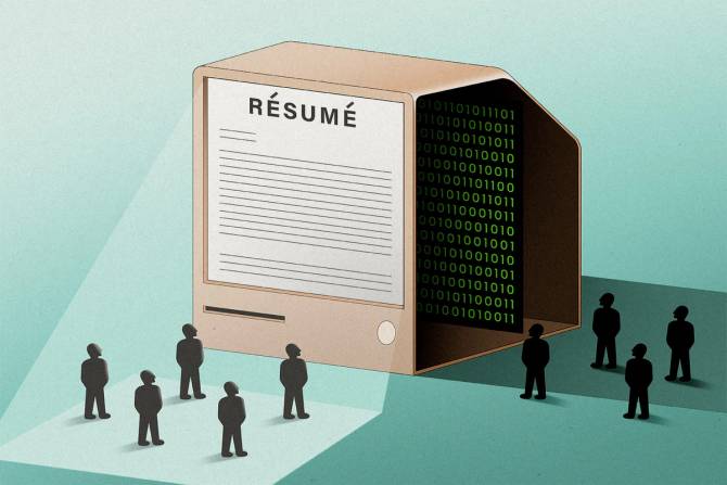 People stand in front of a giant computer screen with a resume on the screen as other people stand on the side looking inside the computer.