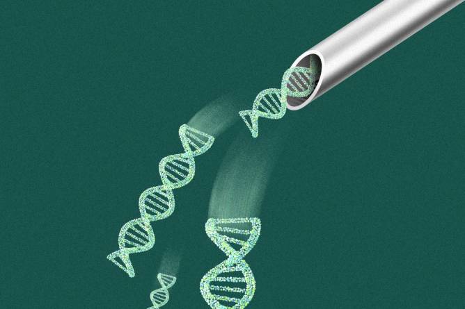 DNA strands falling out of a needle.