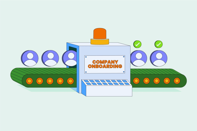Conveyer belt with "Company Onboarding" text written on the side with circular human avatars going through it with green check marks on top
