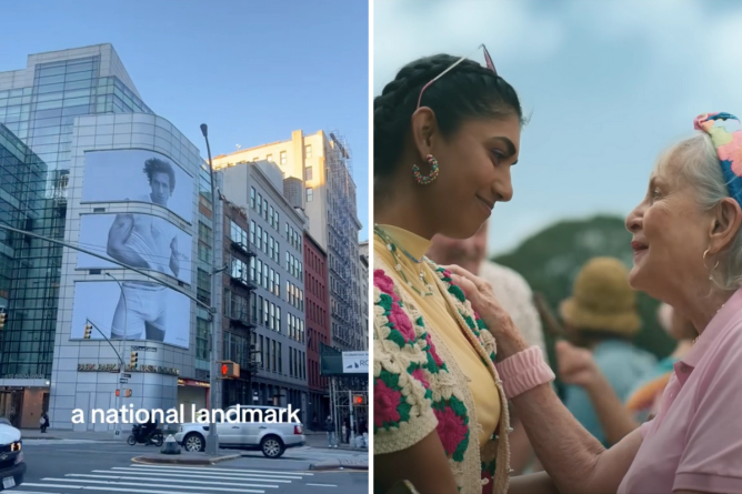 A screenshot from a TikTok showing Jeremy Allen White's Calvin Klein ad on a billboard on the side of a building, and a still from an ad for Australian Lamb about the generation gap with an older woman and younger woman speaking to one another