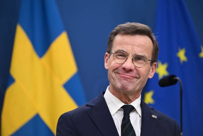 Sweden's Prime Minister Ulf Kristersson attends a press conference after Hungary's parliament has voted yes to ratify Sweden's NATO accession