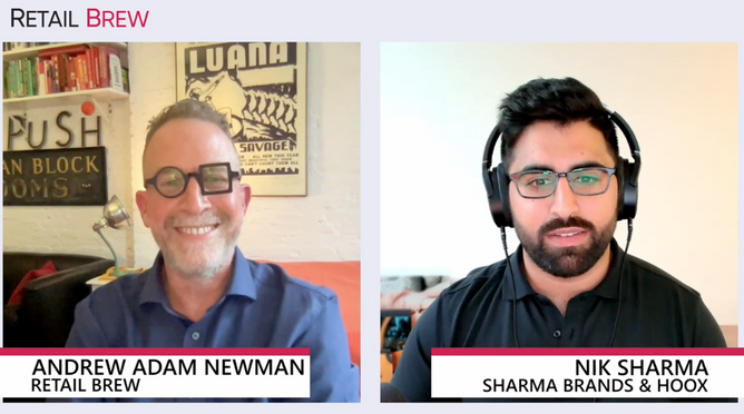 A split screen image from with Andrew Adam Newman conducting an online interview with Nik Sharma.