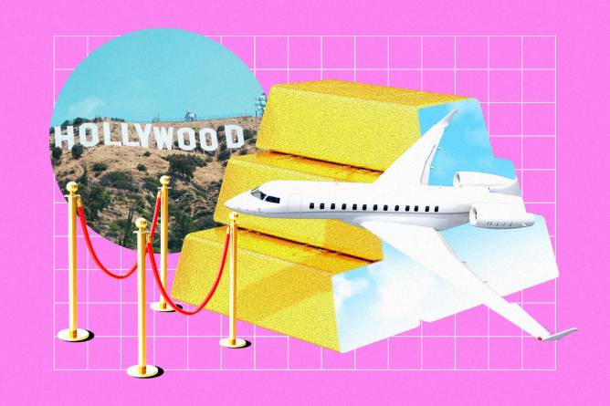 Gold bars, private jet, red velvet rope, and Hollywood sign collage.