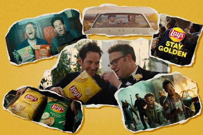 a series of five photos of Lay’s 2022 Super Bowl ad on a yellow background