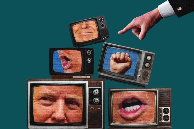 A graphic of Donald Trump and the media