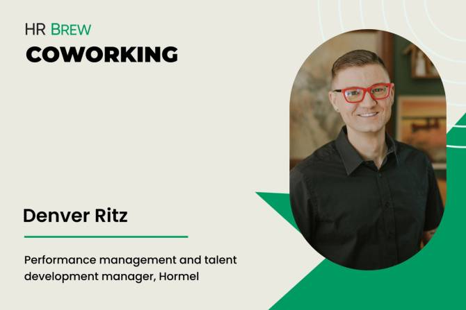 grey card that says HR Brew Coworking, Denver Ritz, performance managment and talent develpment manager, Hormel next to a headshot of a person wearing red glasses and a black button up shirt