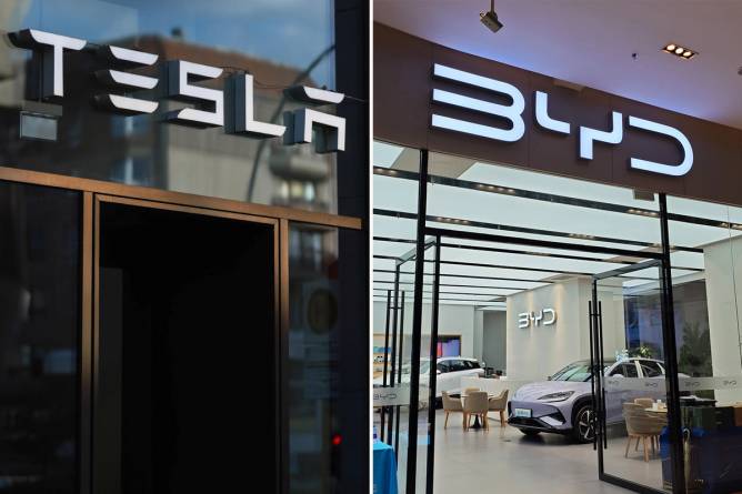 Tesla and BYD logos