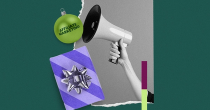 An arm holding up a megaphone next to a Christmas tree ornament with "Affiliate Marketing" text on it above a wrapped Christmas present