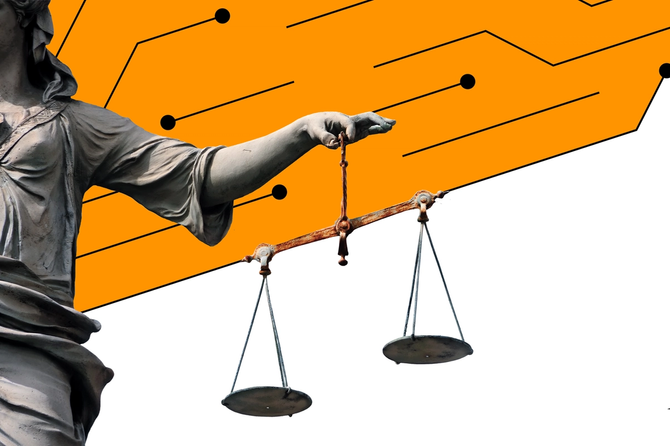 image of a statue holding up scales of justice with a slanting orange line