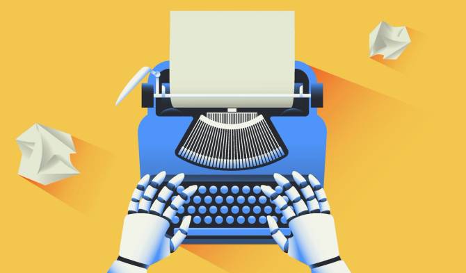 Illustration of a robot typing on a typewriter.