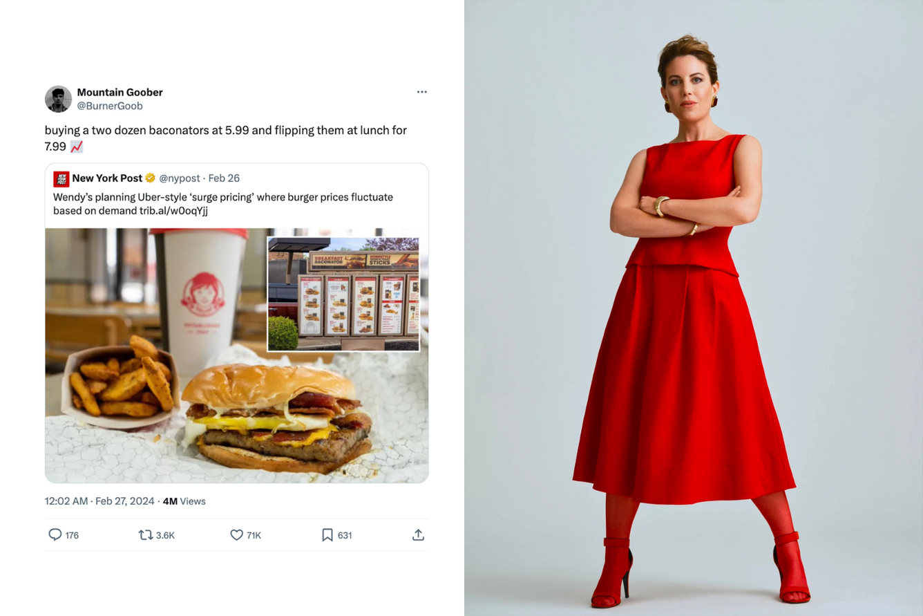 A screenshot of a tweet joking about "flipping" baconators in response to news that Wendy's may charge higher prices during peak hours, next to an image of Monica Lewinsky from Reformation's latest ad campaign for workwear