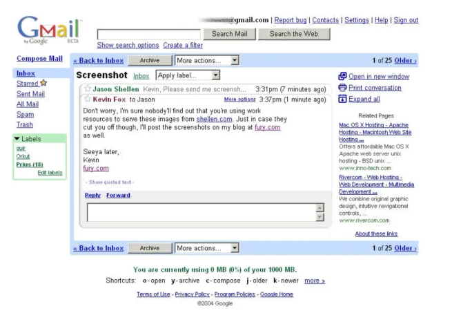 Gmail interface 20 years ago.