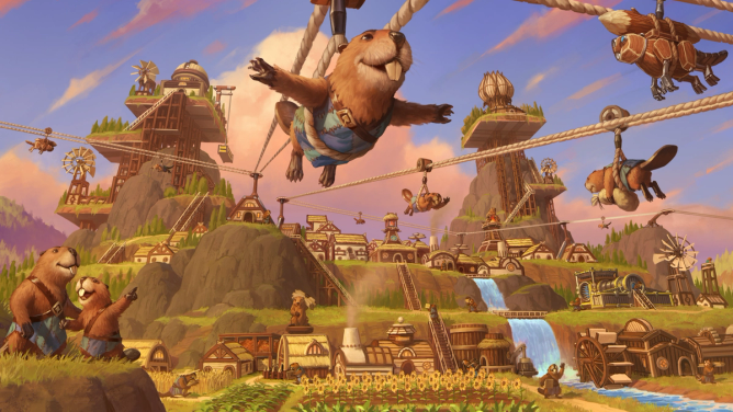 Timberborn art, beavers on zipline