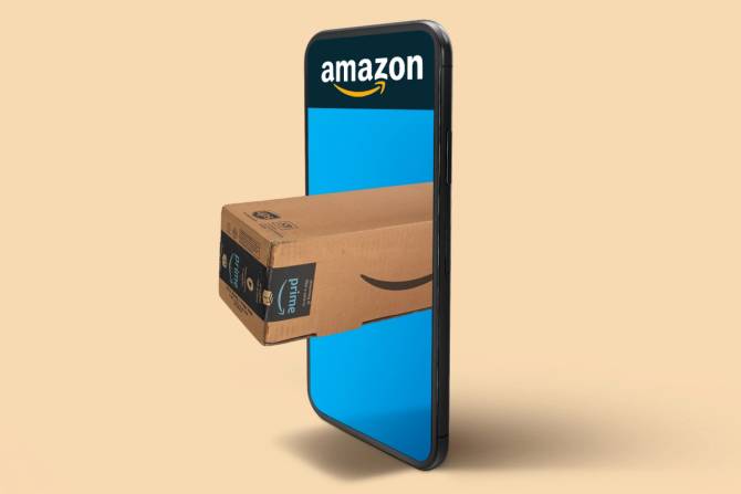 Amazon prime box emerging from phone logged into Amazon app