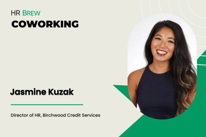 grey card that says jasmine kuzak, director of HR, Birchwood Credit Services, next to oval cut out of headshot of woman with black hair in black blouse smiling