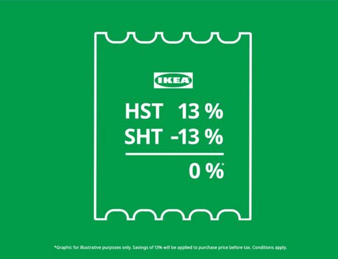 An ad by Ikea Canada that highlights that it is protesting the secondhand tax (SHT), which is how they characterize the fact that the used items retailers like them sell are not exempt from sales tax but rather are taxed when new and resold. In a recent promotion, it offset Canada's combined federal and provincial sales tax (known as harmonized sales tax, or HST), by reducing the sales price by the same rate.