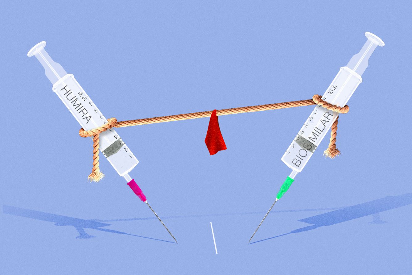 Tug of war between two syringes labeled Humira and Biosimilar.