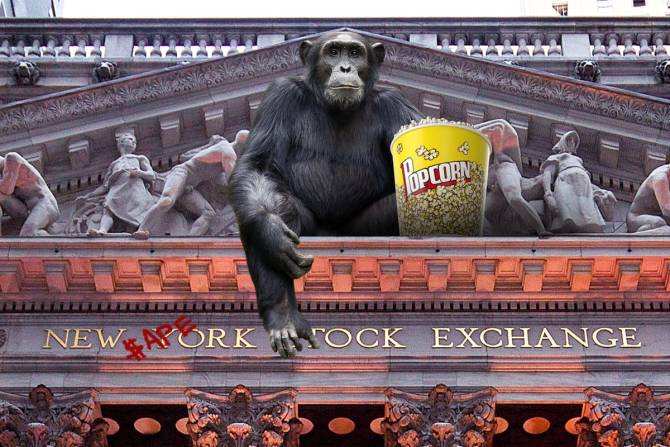 Ape sitting on top of the New York Stock Exchange
