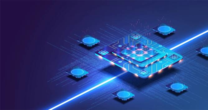 Futuristic microchip processor with lights on the blue background