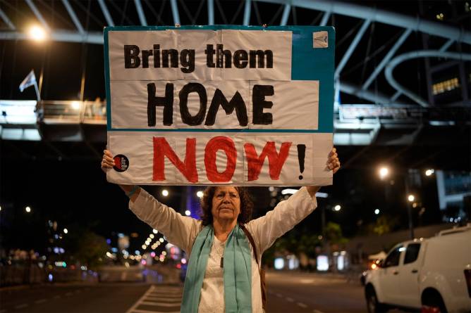 Families and supporters of hostages held by Hamas demonstrate in Tel Aviv