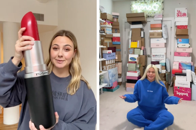 TikTok creator @olivialmarcus holding a lipstick-shaped PR package from MAC cosmetics, and TikTok creator @darcymcqueenyyy sitting in front of dozens of packages she said were from brands.