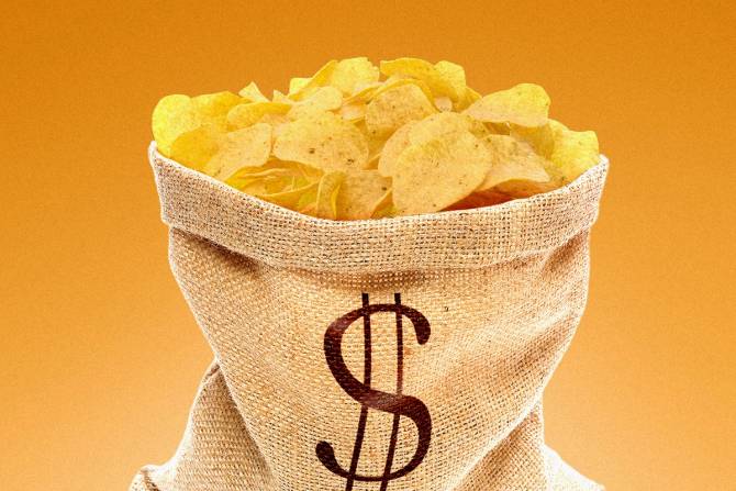 A money bag filled with chips
