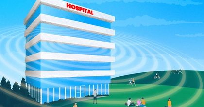 2D illustration of a hospital with sound waves emitting from the center of it