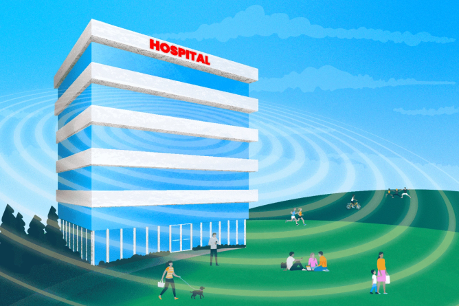 A hospital radiating rings of light in front of a blue sky and green grass on hills where people are playing, running, and riding bikes