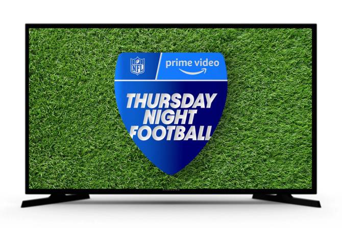 the Thursday Night Football logo on grass on a TV screen