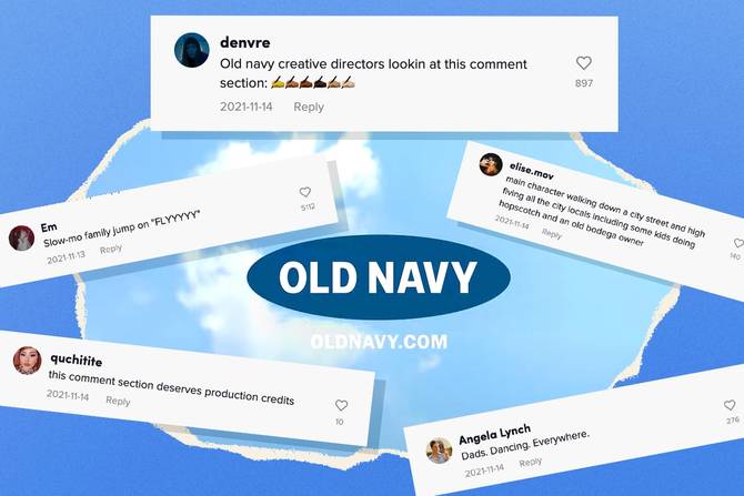 An Old Navy logo on top of a blue sky background appears behind a collage of TikTok comments suggesting ideas for Old Navy ads.  