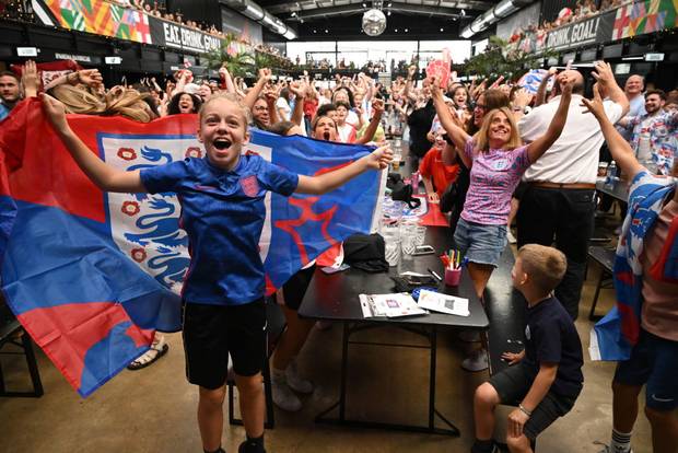 England fans celebrate the first goal as they watch the FIFA Women's World Cup Australia & New Zealand 2023 Semi Final match
