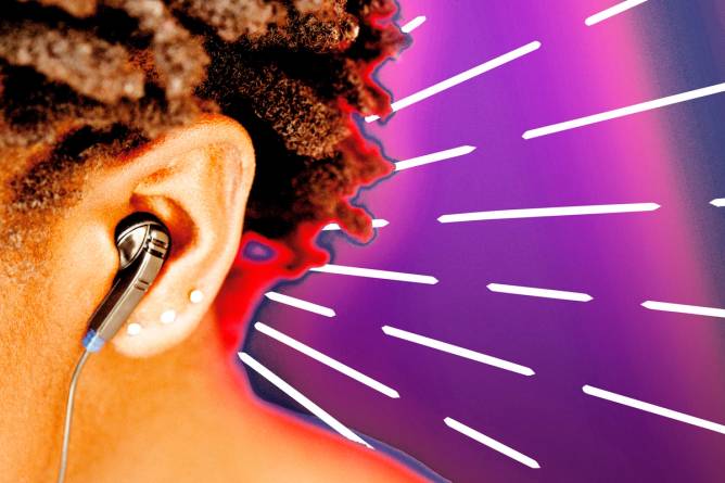 An earbud playing loud music in an ear