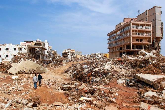 Debris of buildings caused by floods in Libya