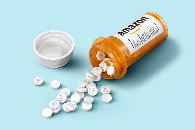 Amazon pharmacy: Pill bottle labeled with Amazon signage