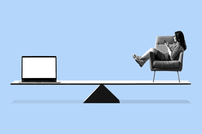 Animated gif of a laptop showing a notification and a woman relaxing on a chair, both on a balancing beam.