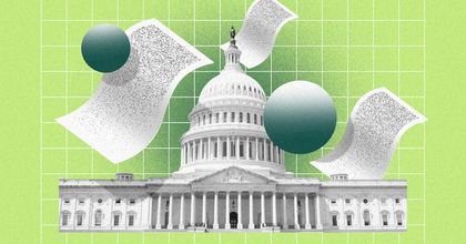 The US capital building on a lime green background surrounded by 90s-style abstract graphics
