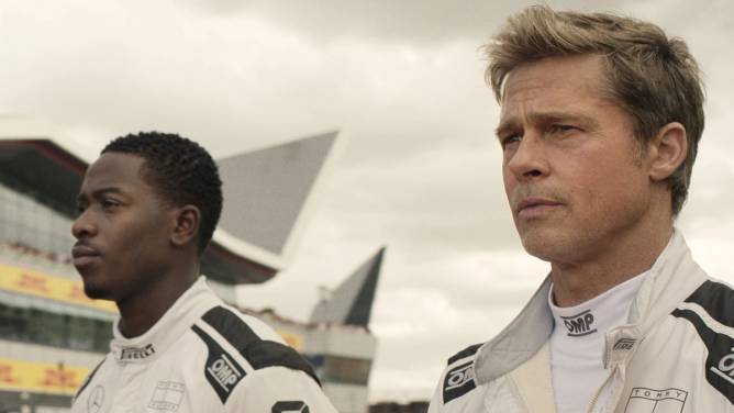 Damson Idris and Brad Pitt in a scene from F1 The Movie. 