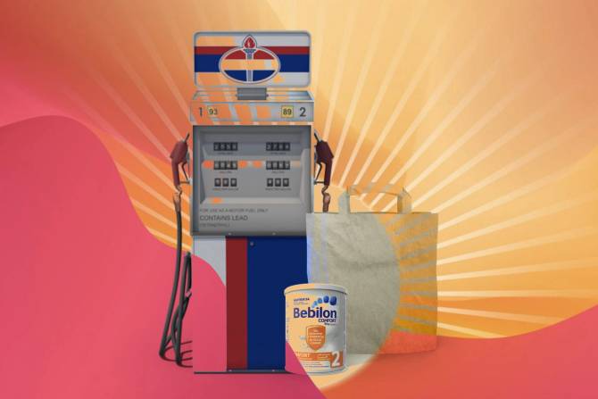 A photo illustration that includes images of a package of baby formula, a gas pump, and paper grocery bag. 