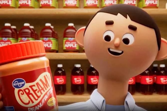 an image from a Kroger ad showing an animated man looking @ Kroger brand peanut butter