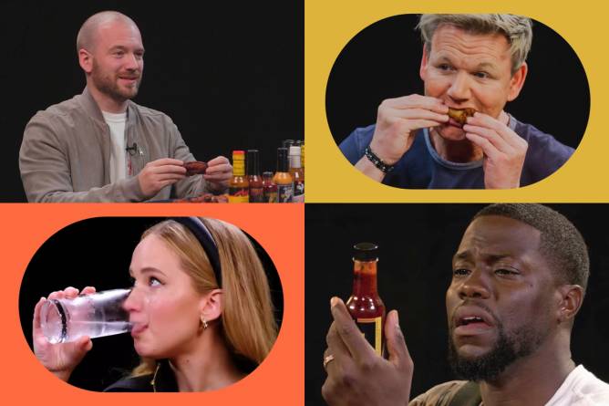 Images of Sean Evans, Gordon Ramsay, Jennifer Lawrence, and Kevin Hart on Hot Ones